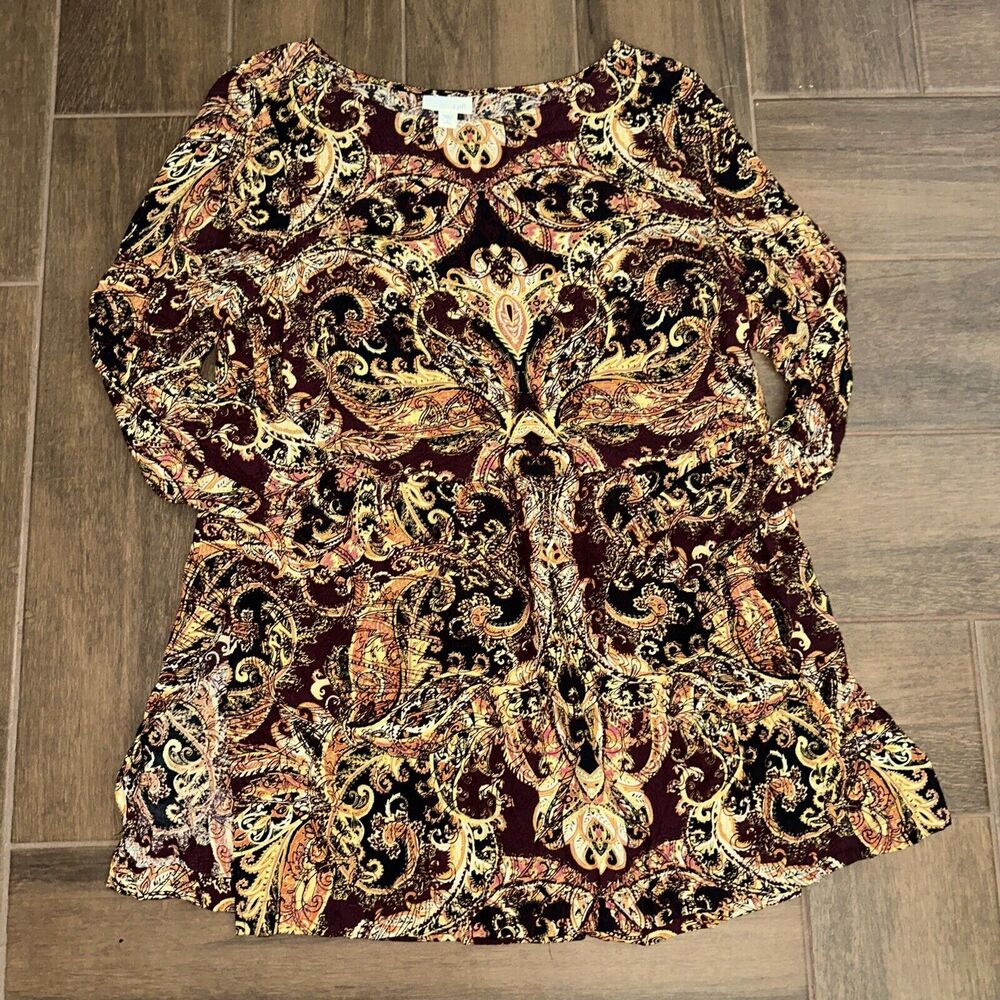 J. Jill Paisley Tunic Size Small Longline Blouse Peplum Printed Gold Modest Top